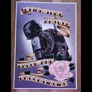 K2SO Star Wars Tattoo Art Print, Rare Rogue One Print,  Pink Rose Trad Tattoo